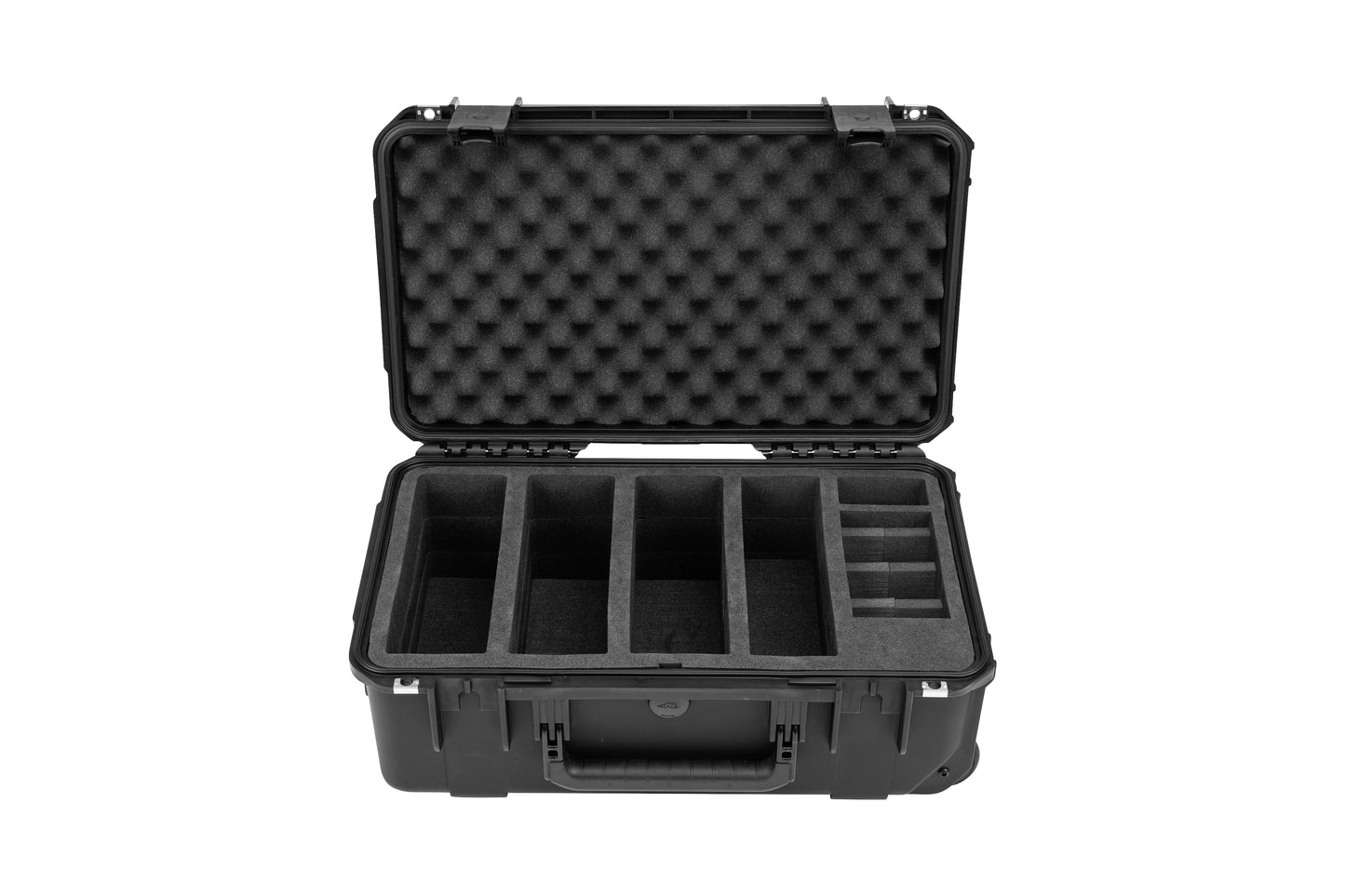 Black hard-shell protective case with foam interior on a white background
