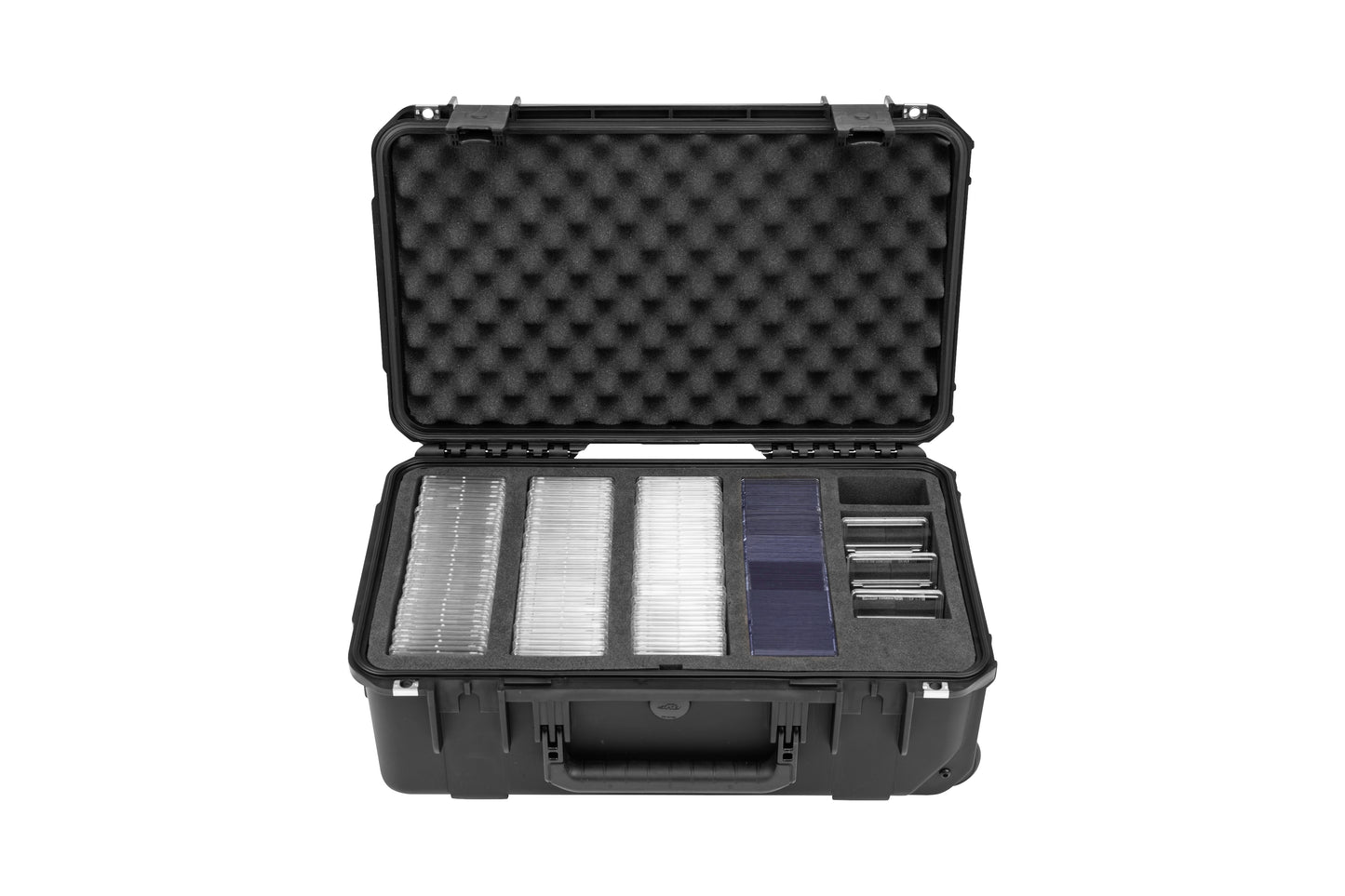 Black foam-lined storage case with compartments on a white background