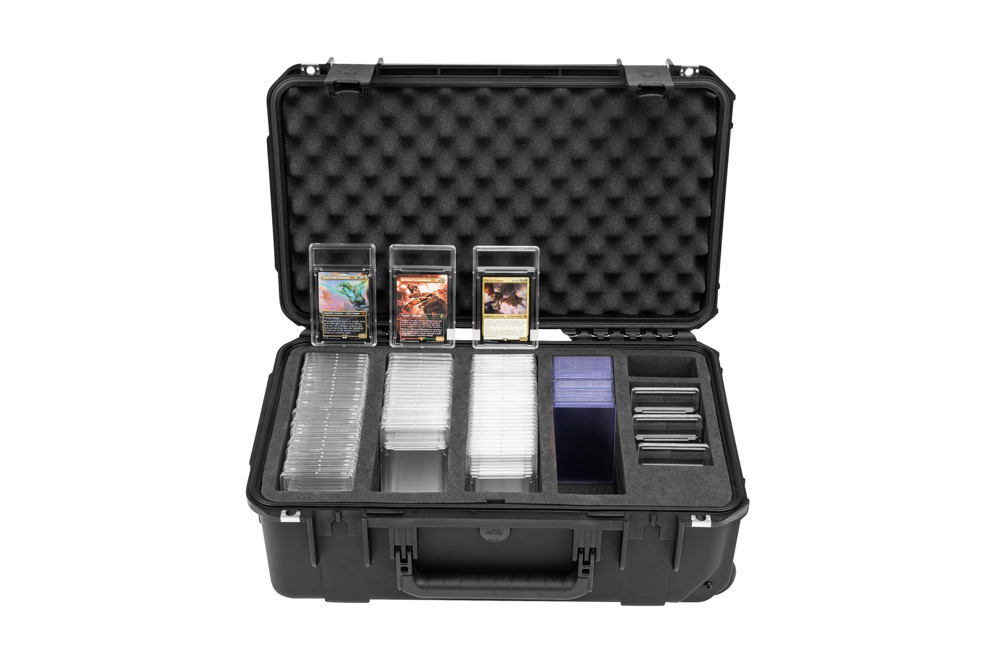 Black protective case with compartments for collectible cards on a white background