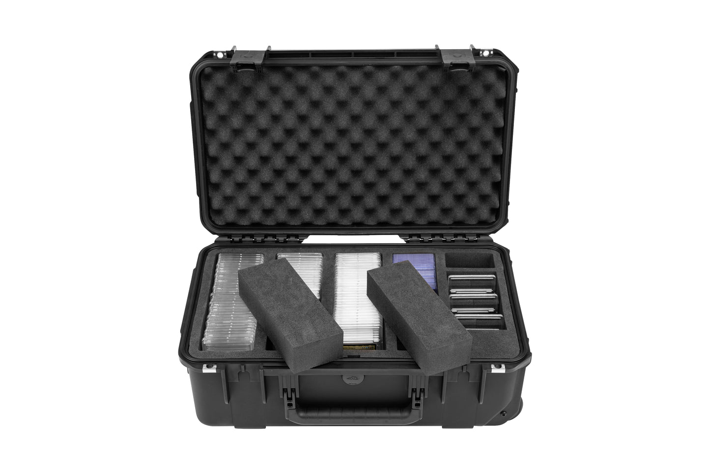 Black foam-lined storage case with compartments on a white background