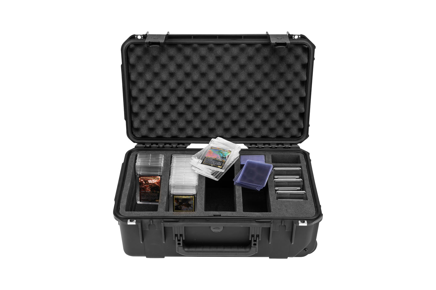 Black foam-lined storage case with compartments on a white background