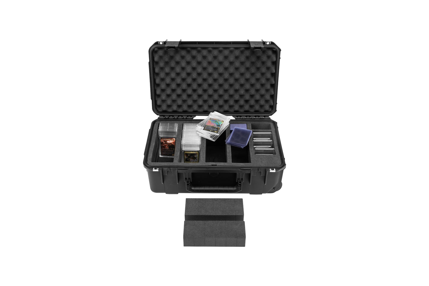 Black hard-shell protective case with foam interior on a white background