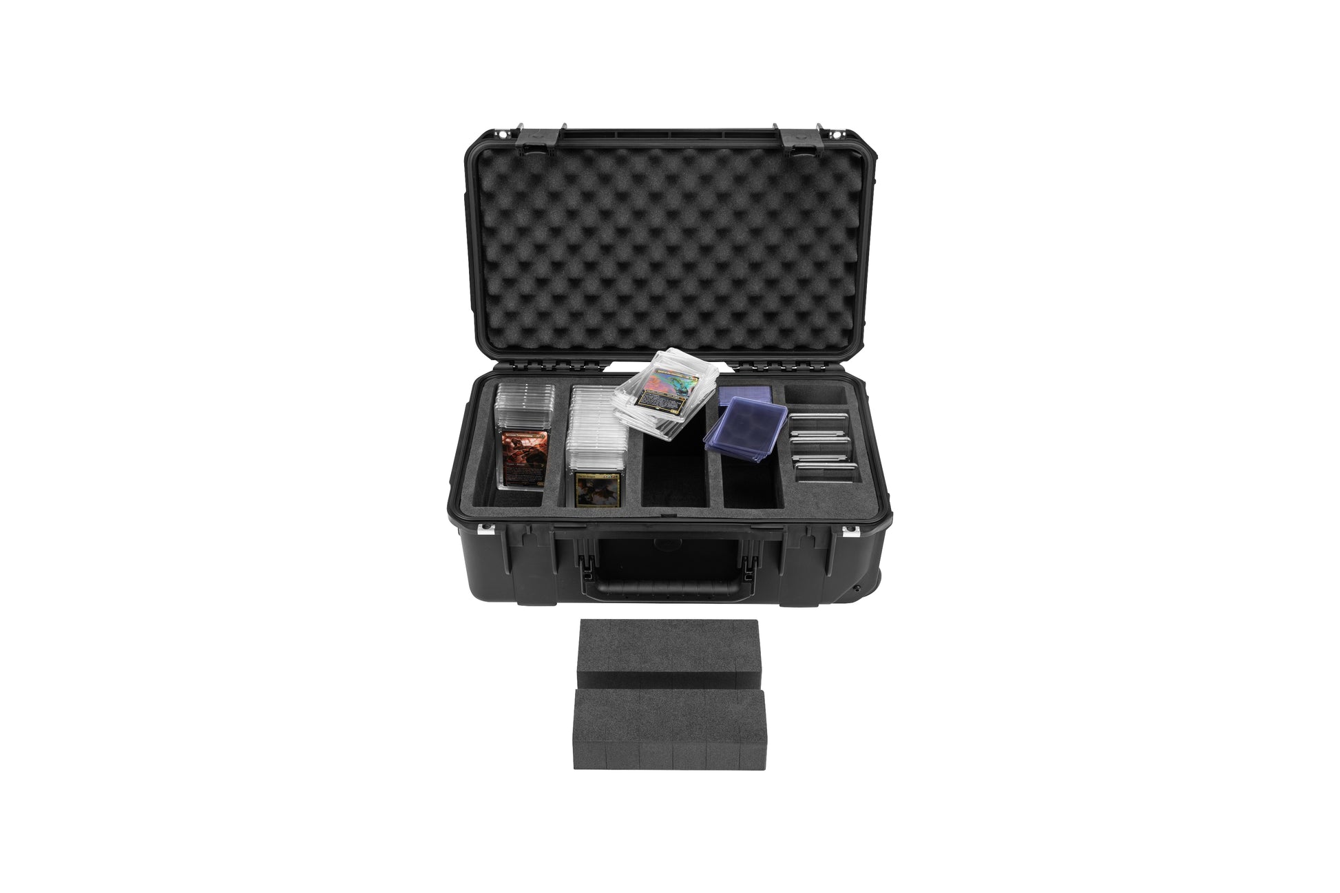Black hard-shell protective case with foam interior on a white background