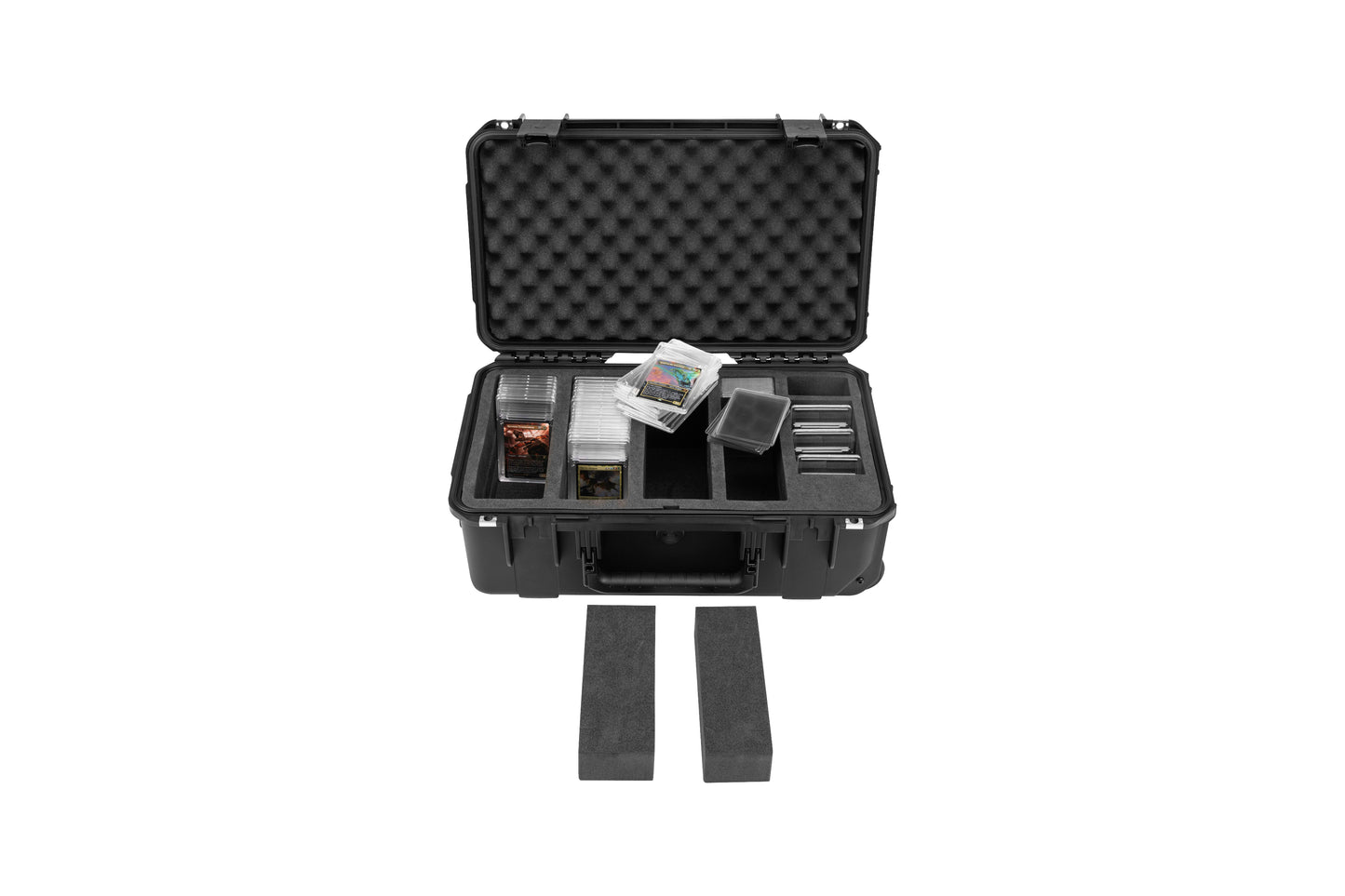 Black hard-shell protective case with foam interior on a white background