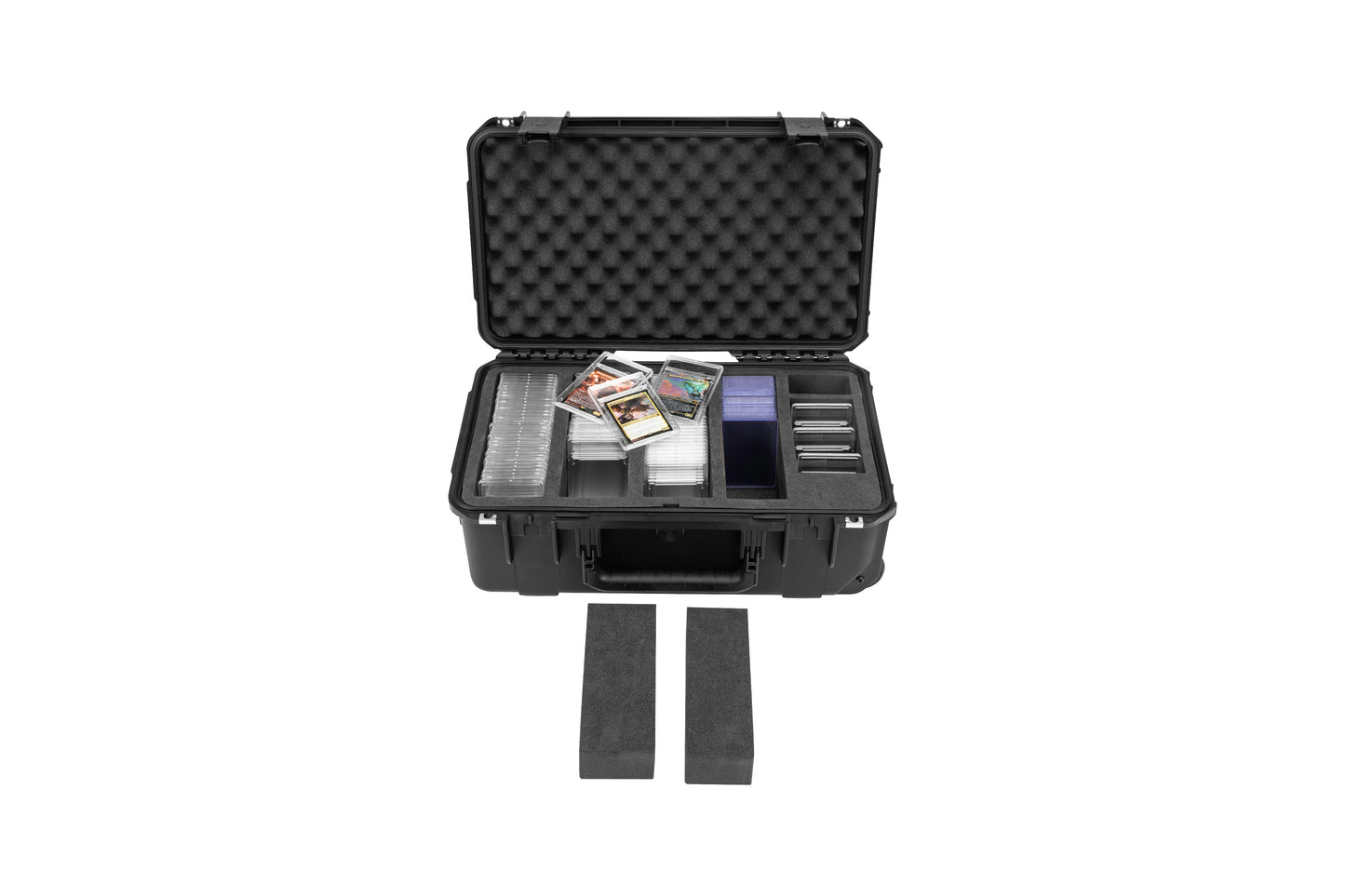 Black hard-shell protective case with foam lining on a white background