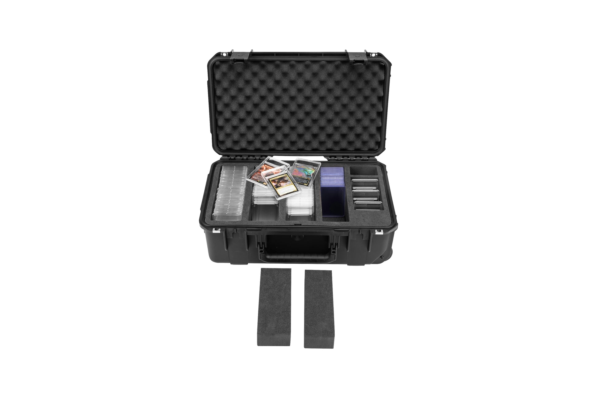 Black hard-shell protective case with foam lining on a white background