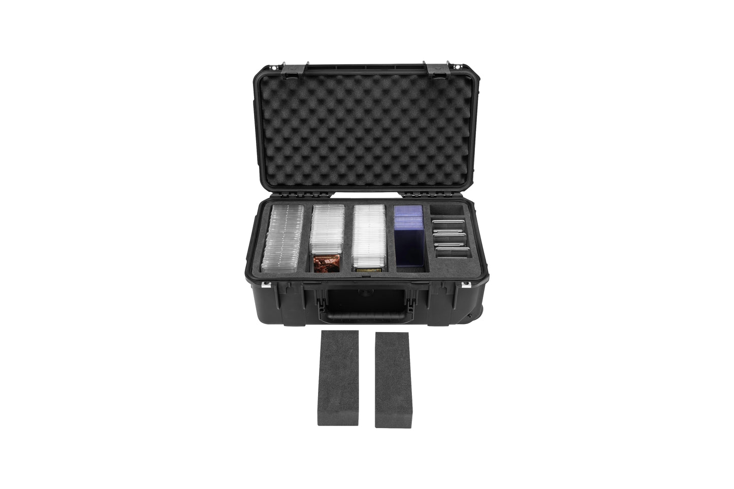 Black hard-shell case with foam interior on a white background