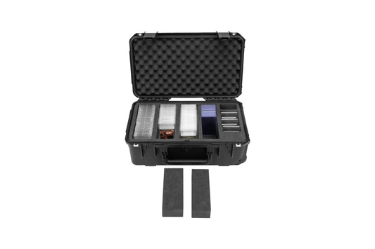 Black hard-shell case with foam interior on a white background