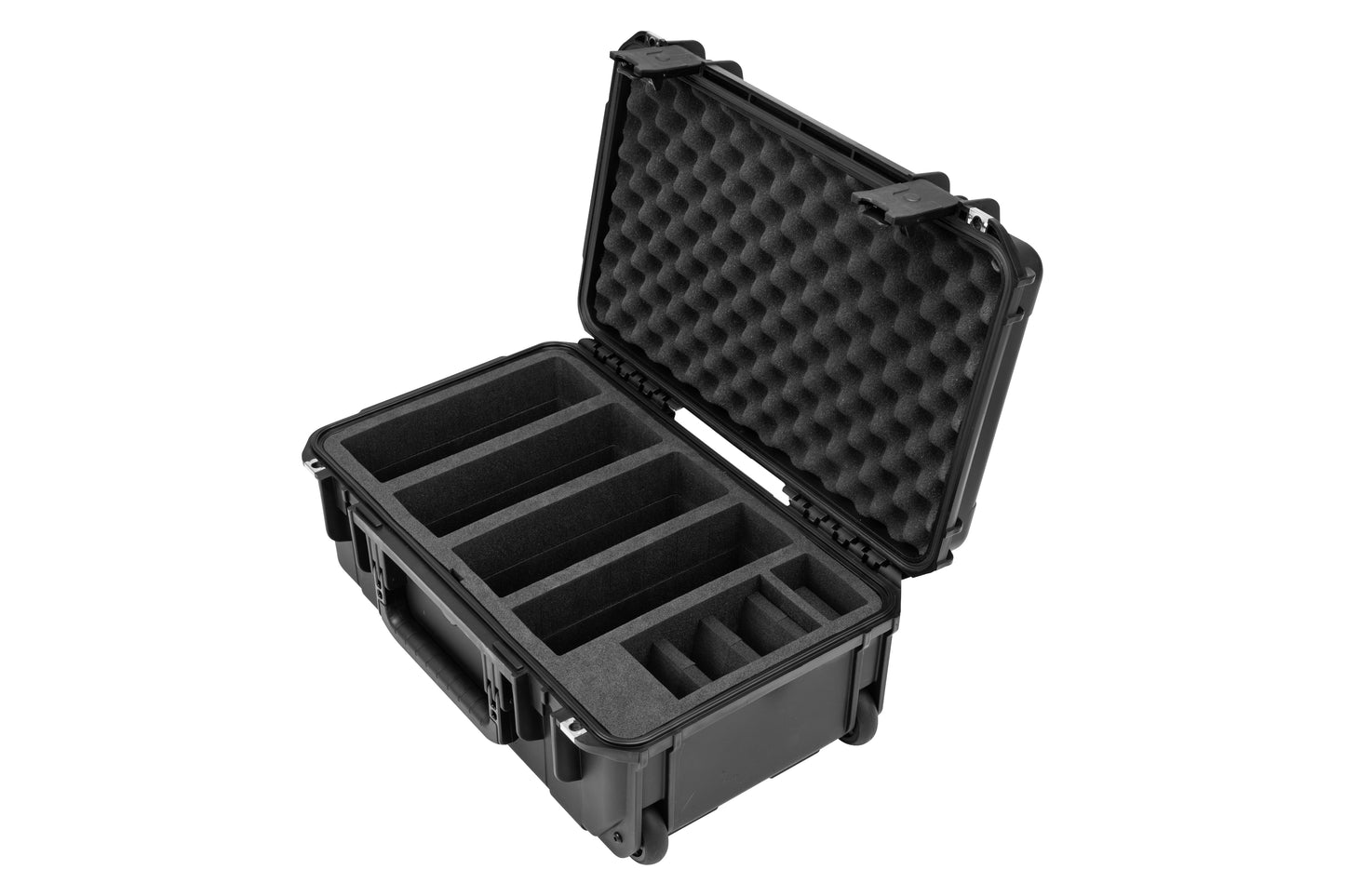 Black foam-lined storage case on a white background