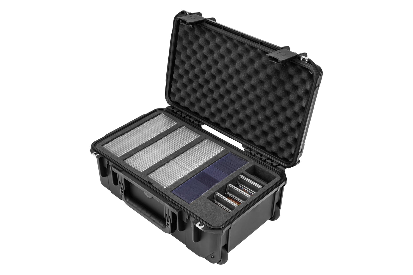 Black foam-lined storage case with filters inside on a white background