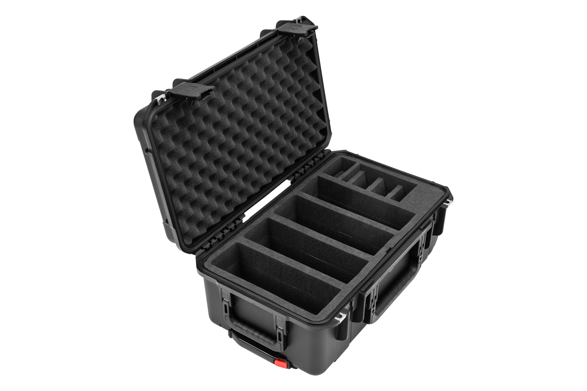 Black protective case with foam interior on a white background