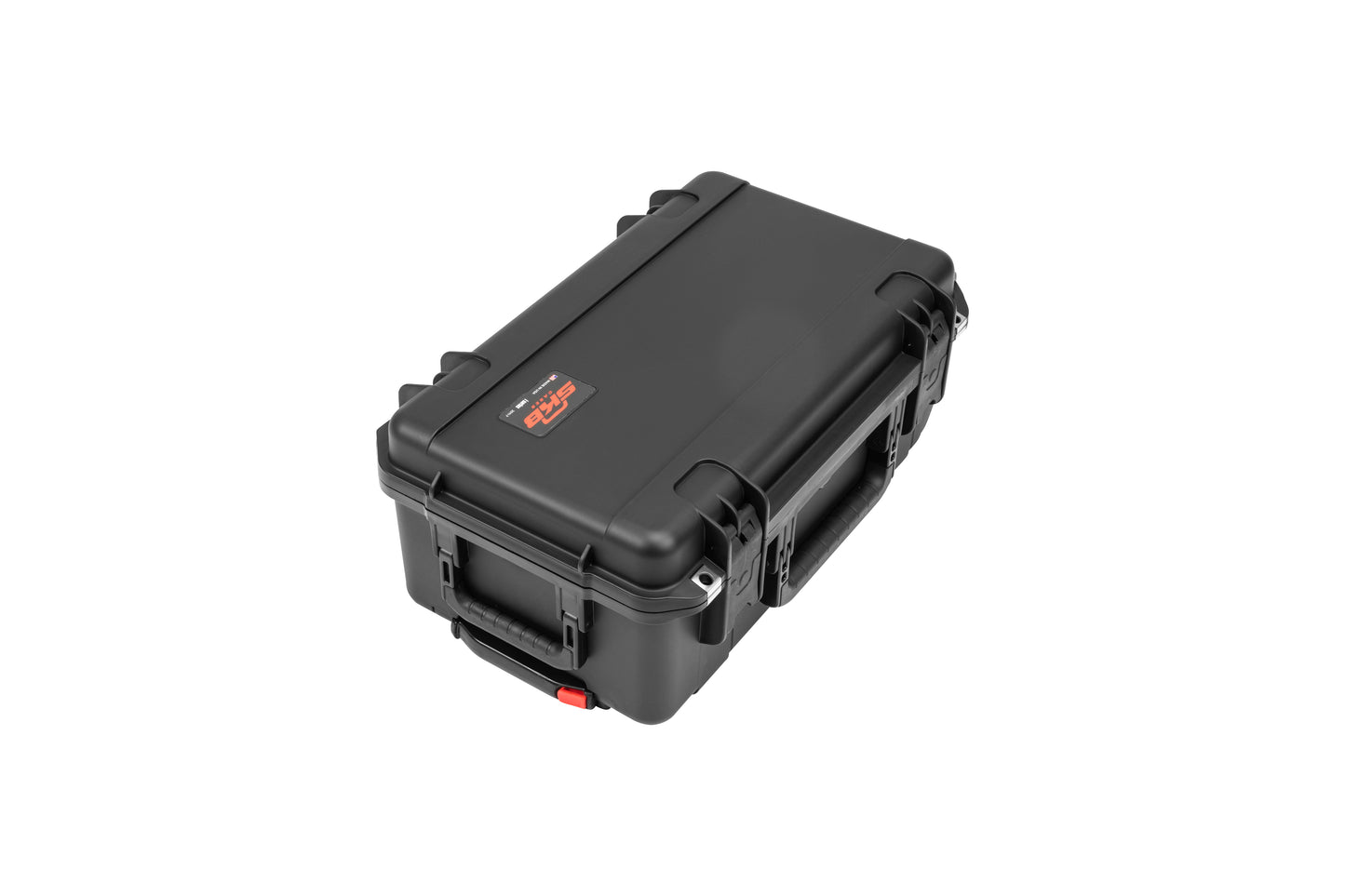 Black hard-shell protective case on a white background