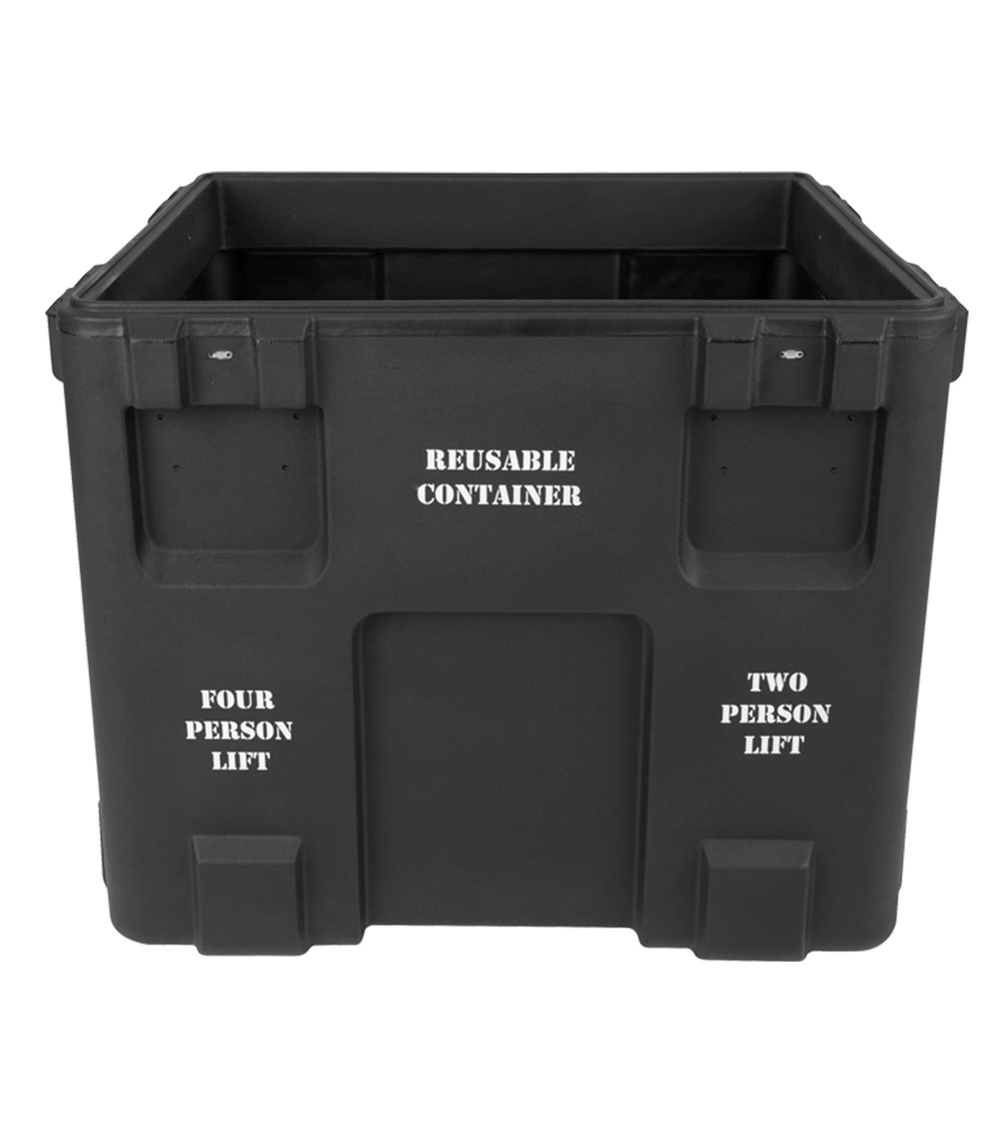 Black reusable container with text indicating weight capacity on a white background