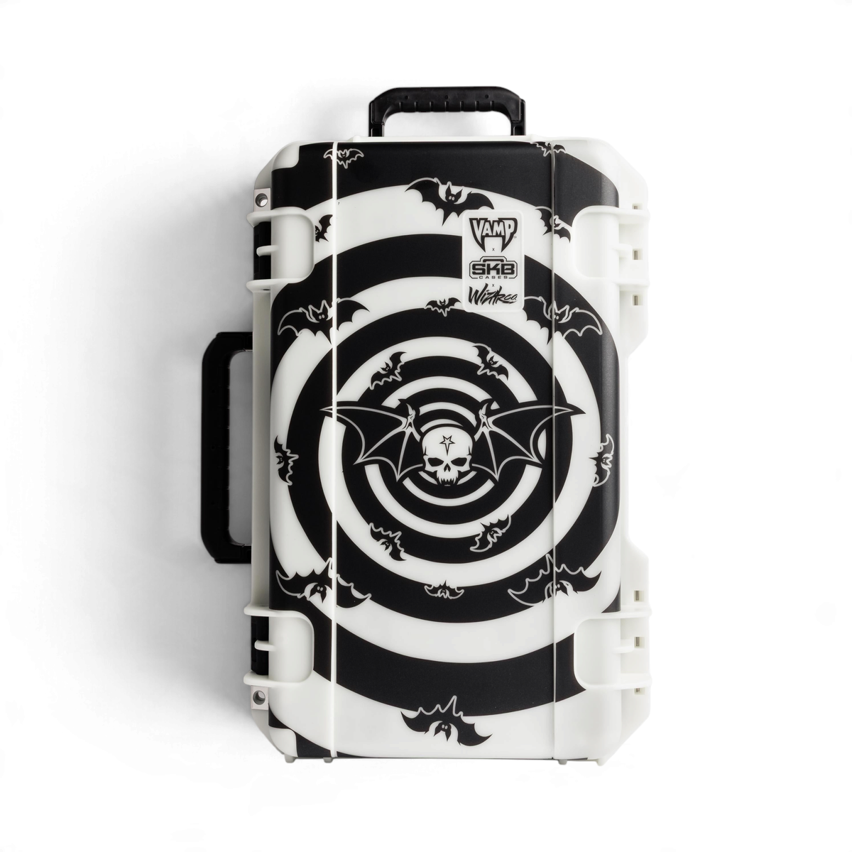 SKB Cases Glow in the Dark by VAMP protective hard case featuring a black and white bat and skull spiral design.