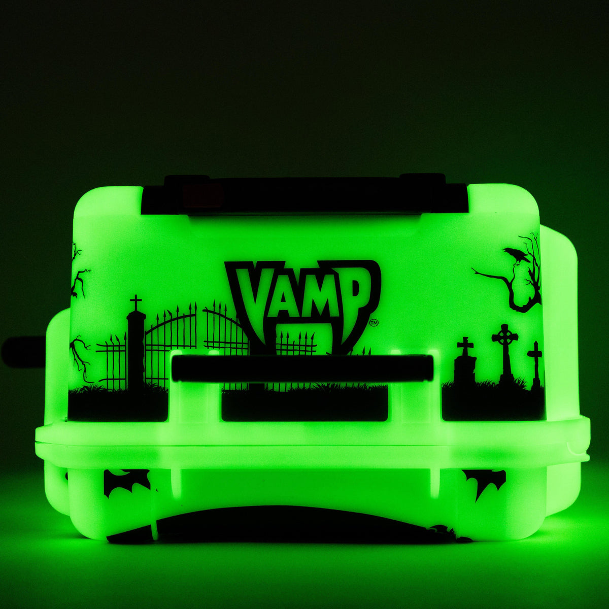 SKB Cases Glow in the Dark by VAMP protective case featuring a spooky graveyard graphic glowing in neon green
