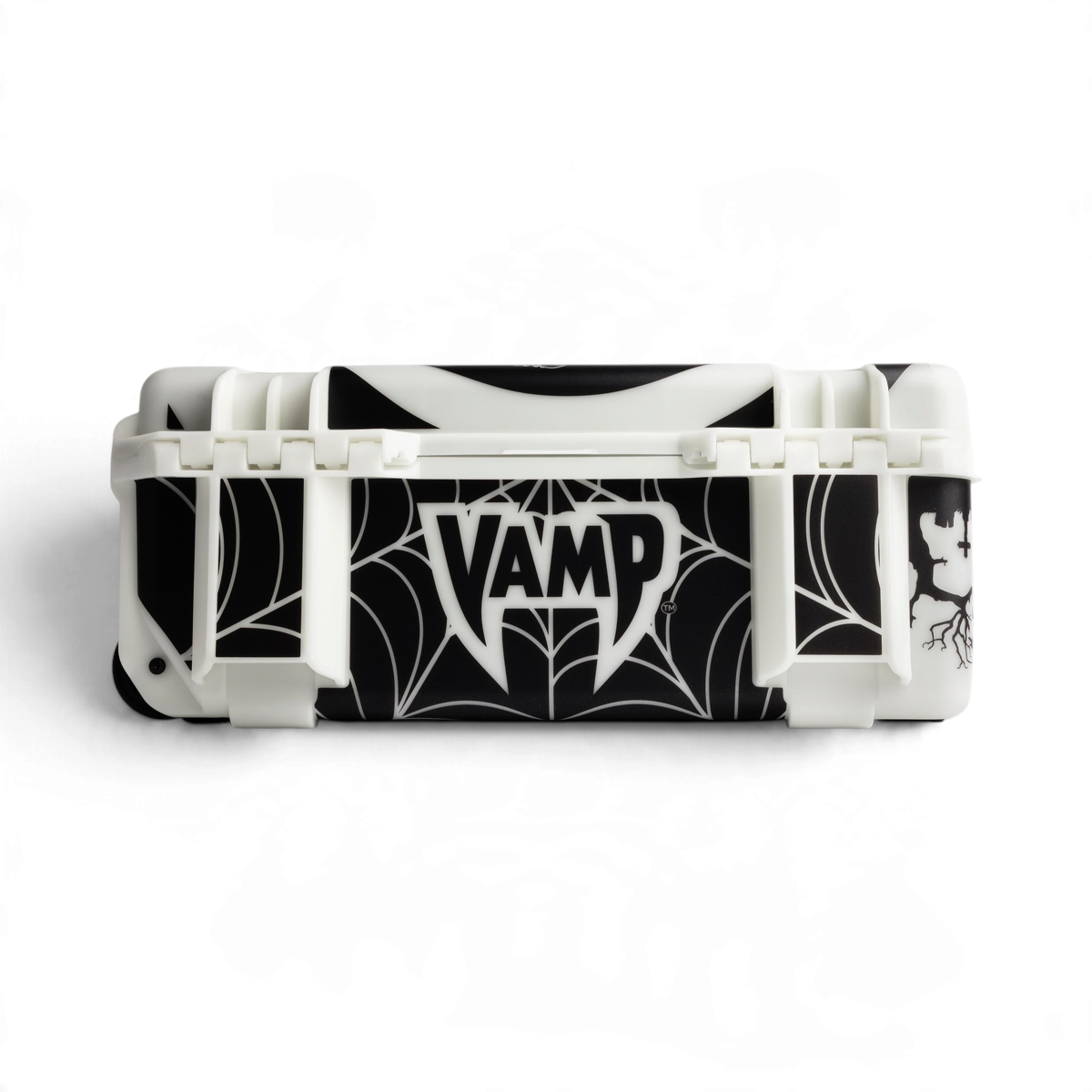 SKB Cases Glow in the Dark by VAMP protective hard case with black spiderweb graphics on a white background