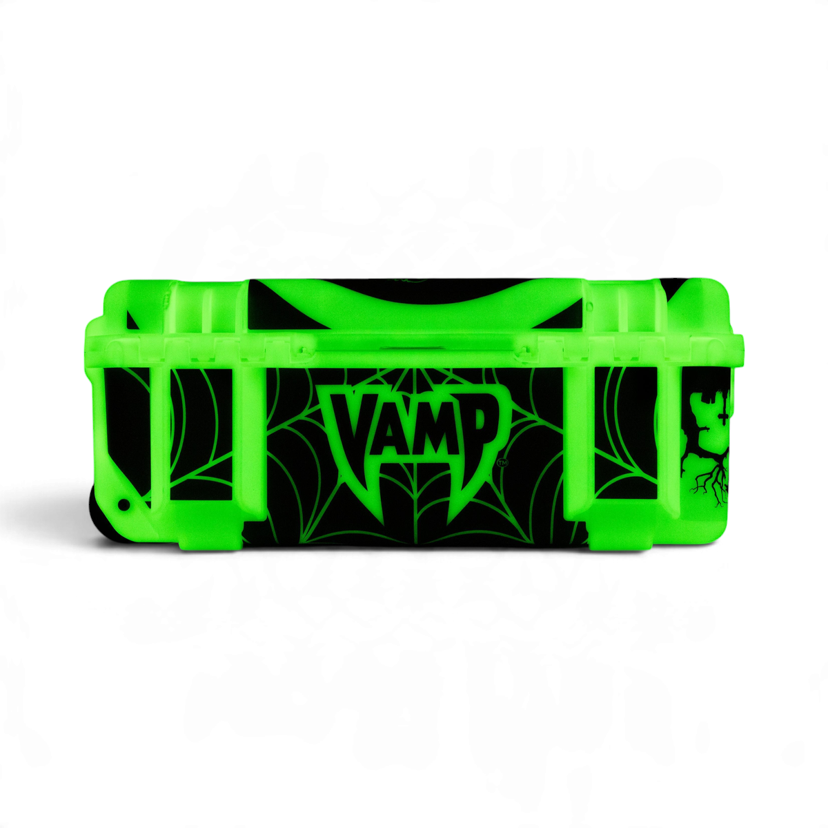 SKB Cases Glow in the Dark by VAMP protective hard case with black spiderweb graphics on a neon green exterior