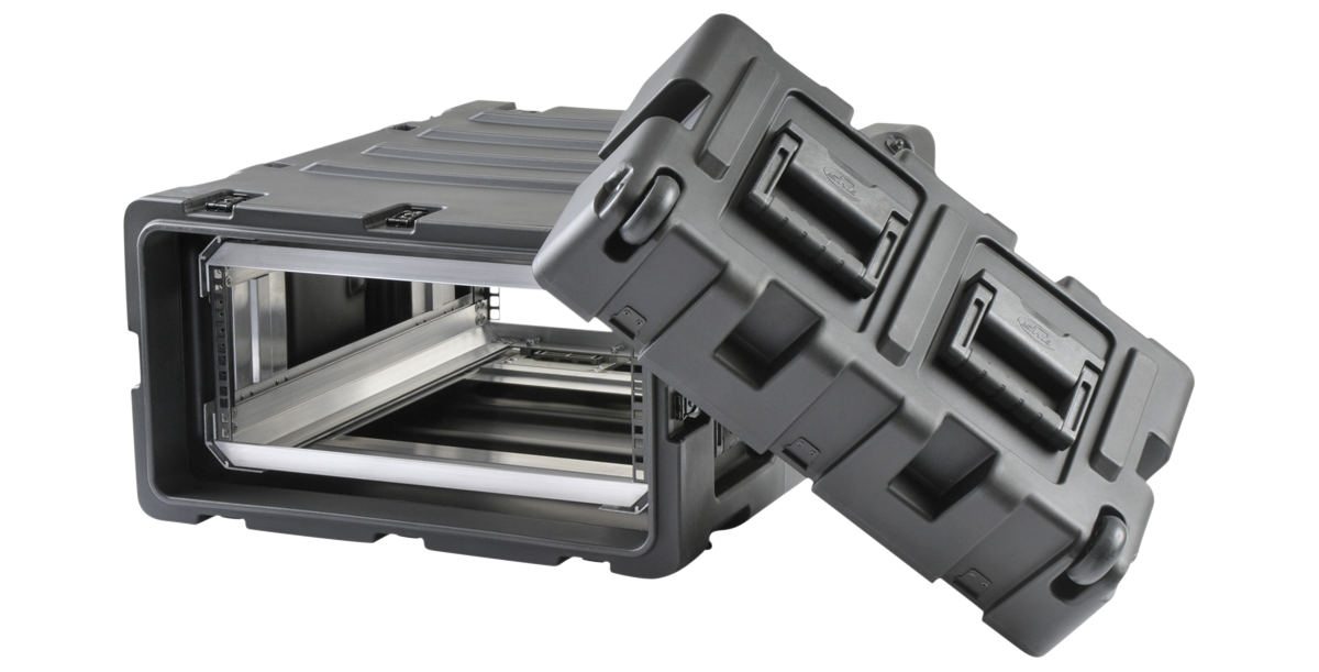 24-inch Deep Shock Rack Case - Lightweight Transport with removable front lid showcasing internal rack rails for secure mounting of electronics.