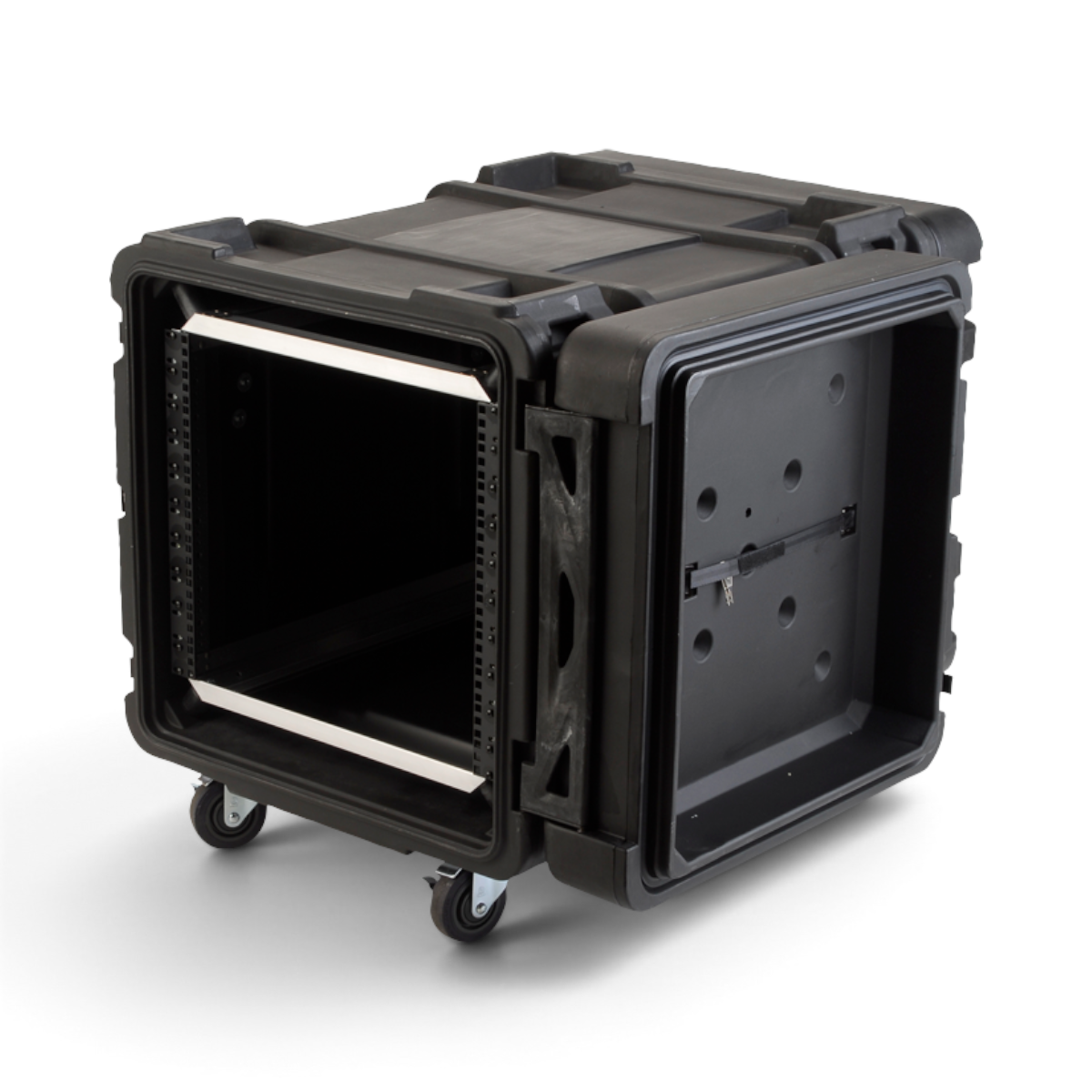 Angled open view of 28 Inch Shock Rack with ARCS System - 10U, highlighting deep interior and adjustable mounting rails.