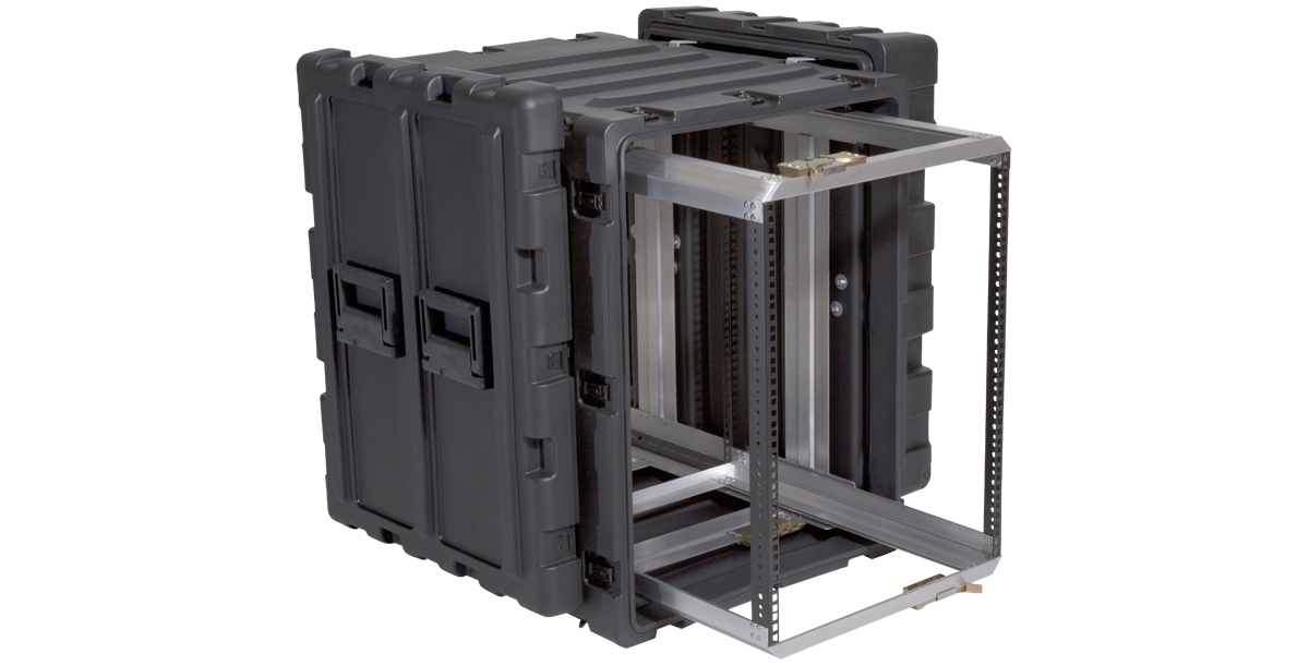 Rear angled view of 14U Shock Rack Transport Case with open access to shock-mounted rack frame for electronic gear installation.