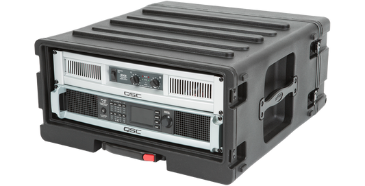 Angled view of SKB 4U rSeries Roto Rolling Rack with mounted QSC gear, highlighting rugged build and side handles for easy transport.