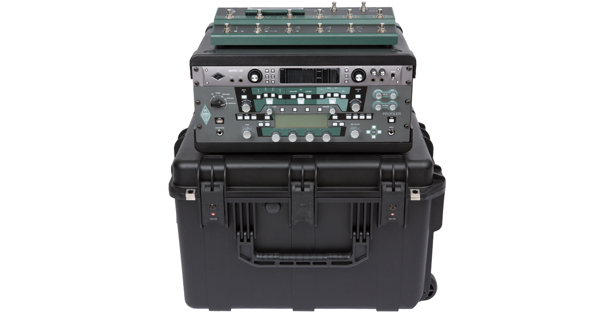 Front view of 4U iSeries Guitar FX Fly Rack showcasing mounted guitar processor and foot controller in durable transport case.