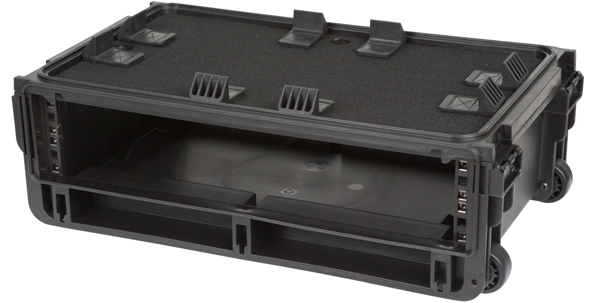 Angled view of open 2U Rack Case with wheels, built for lightweight, durable gear transport in studio or field environments.