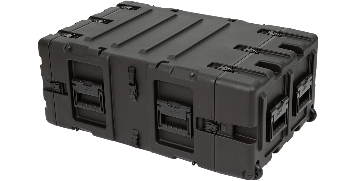 Angled rear view of 5U 24-inch deep shock rack case with wheels. Designed for mobility and protection of sensitive electronics.