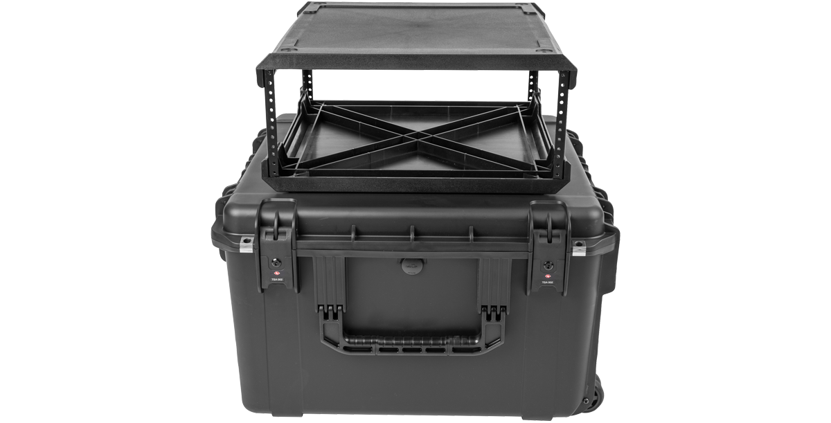 20" Fly Rack Case - iSeries Injection Molded with open lid and elevated rack frame, ideal for secure pro audio equipment transport.