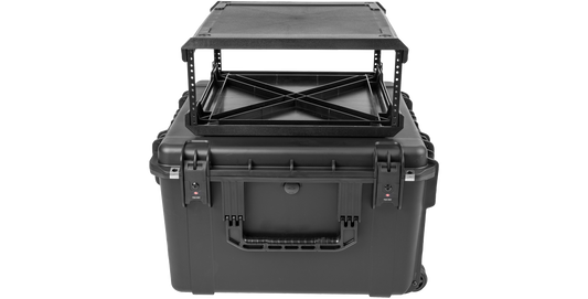20" Fly Rack Case - iSeries Injection Molded with open lid and elevated rack frame, ideal for secure pro audio equipment transport.