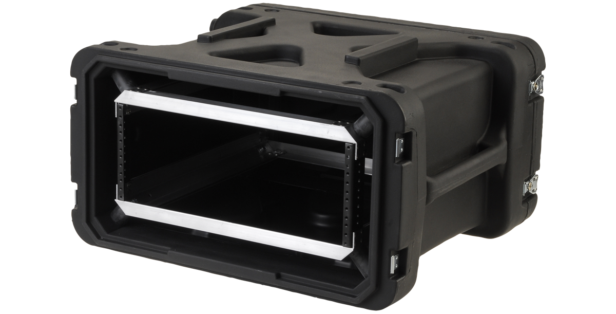 Angled open view of 4U 20-Inch Rack - Shockproof Designs, featuring lightweight yet durable roto-molded shell and internal rackmount frame.