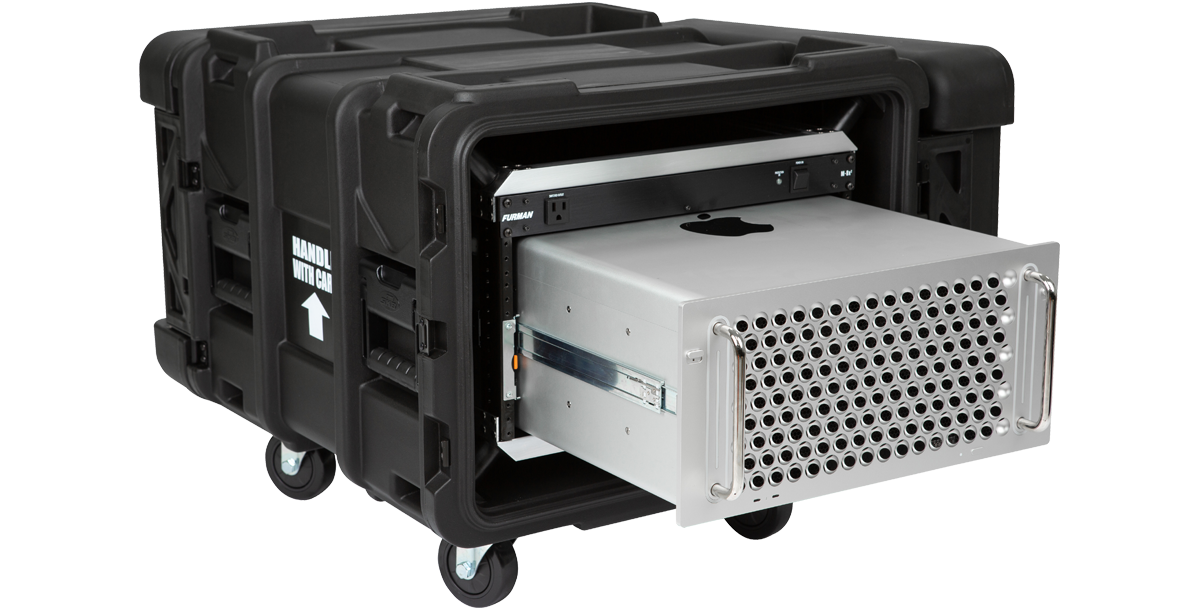 Close-up of Mac Pro sliding out of 6U Shock Rack - 24-inch rSeries, built for durability and easy access in mobile setups.