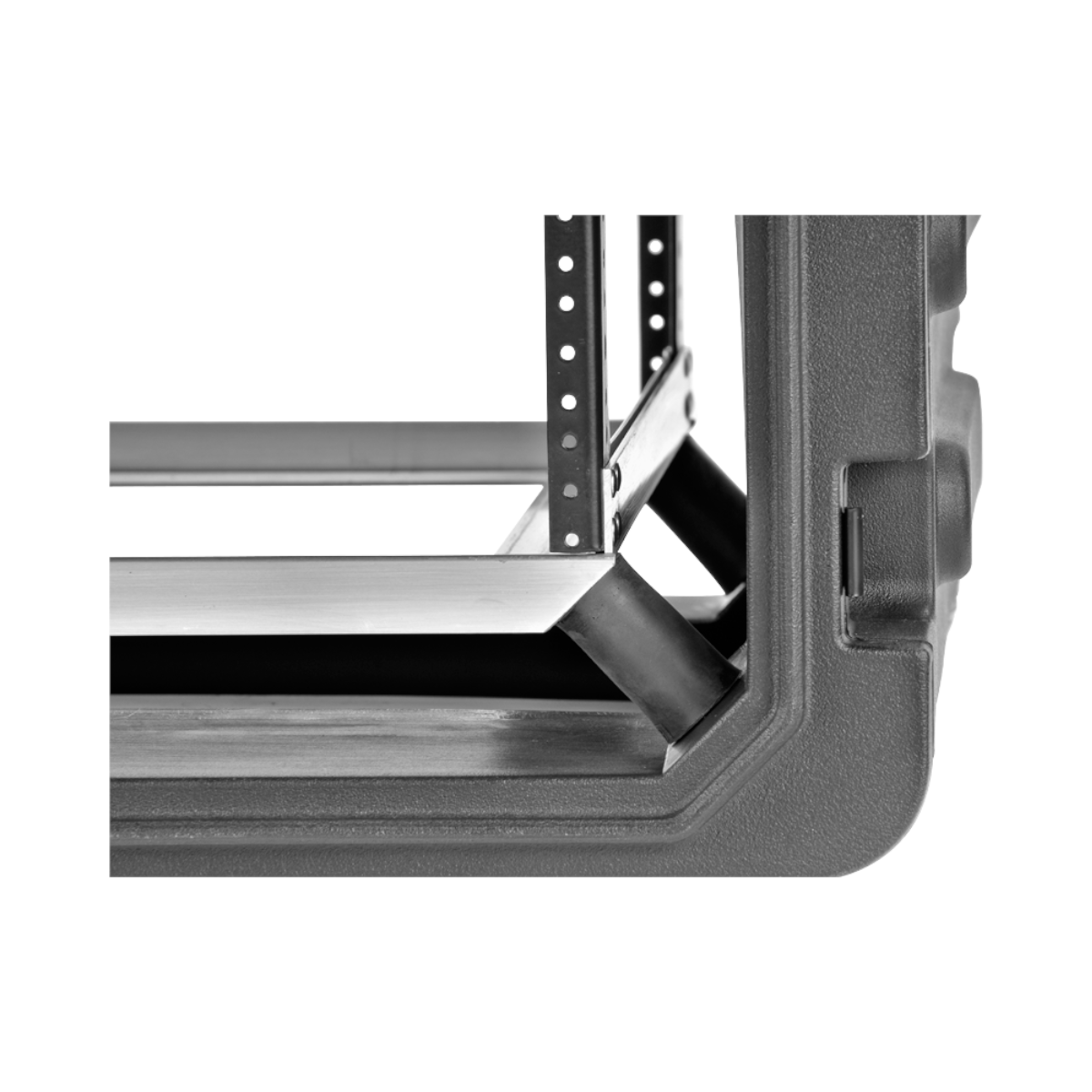 Close-up of 20-Inch Rolling Shock Rack Case corner showing durable elastomeric shock system for enhanced equipment protection and stability.