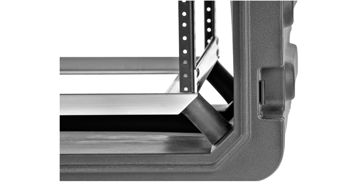 Close-up of 20-Inch Rolling Shock Rack Case corner showing durable elastomeric shock system for enhanced equipment protection and stability.