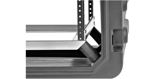 Close-up of 20-Inch Rolling Shock Rack Case corner showing durable elastomeric shock system for enhanced equipment protection and stability.