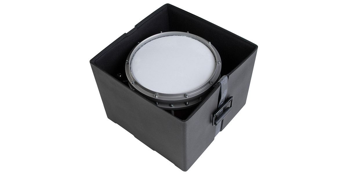 12 x 14 marching snare drum placed inside padded protective case, showcasing secure fit and interior cushioning for percussion safety.