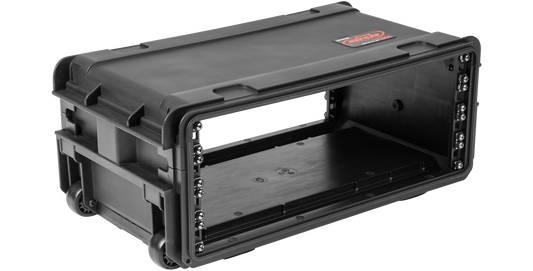 Compact Injection Molded Rack with Wheels featuring 4U capacity, durable frame, and built-in handles for easy transport.