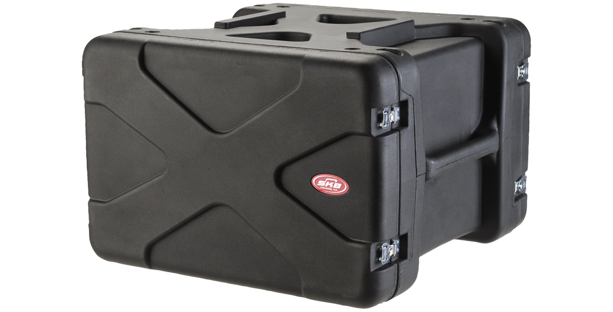 Closed 20-inch shock rack case with durable exterior and secure latches, ideal for protecting sensitive rackmount gear.