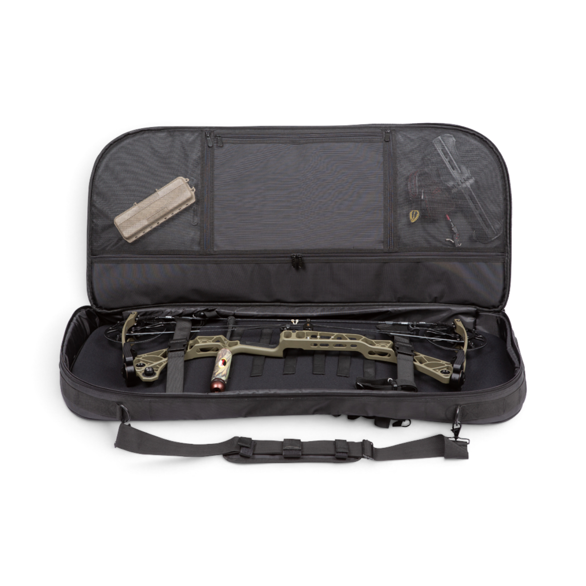 SKB Cases black archery backpack with a compound bow stored inside, featuring mesh accessory pockets and straps.