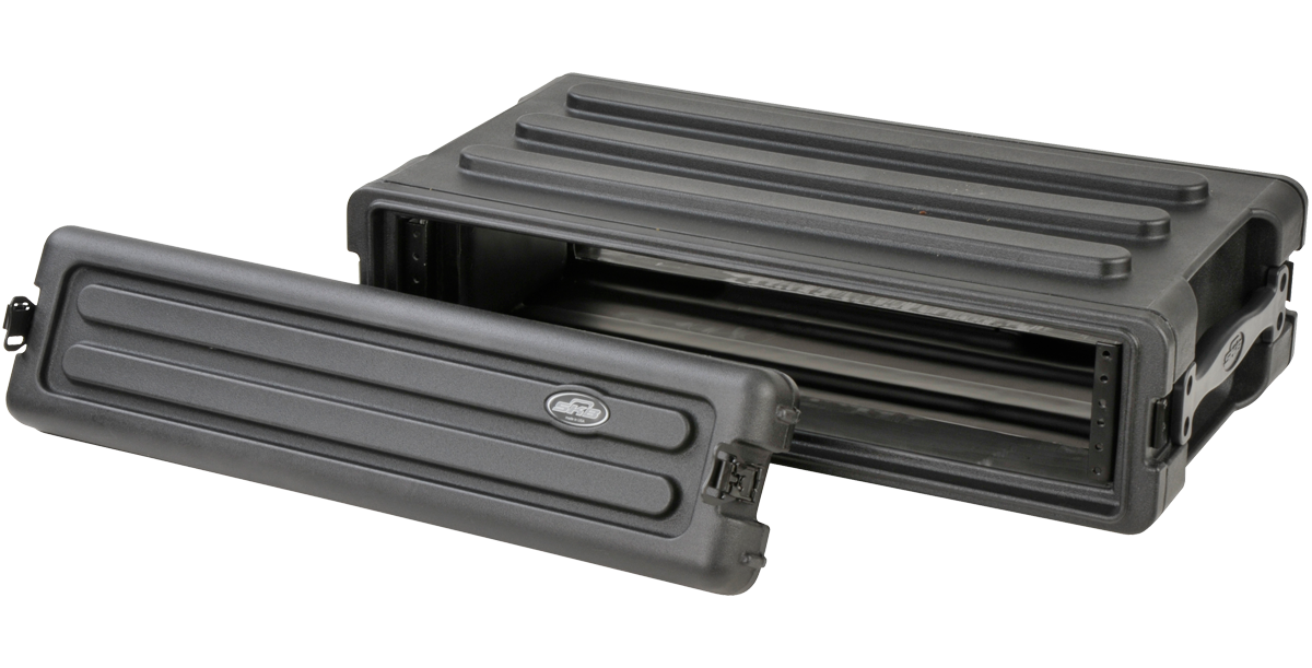 2U rSeries SKB Shallow Rack - Strong & Durable with lid removed, showing interior rack space and rugged construction for pro-audio use.