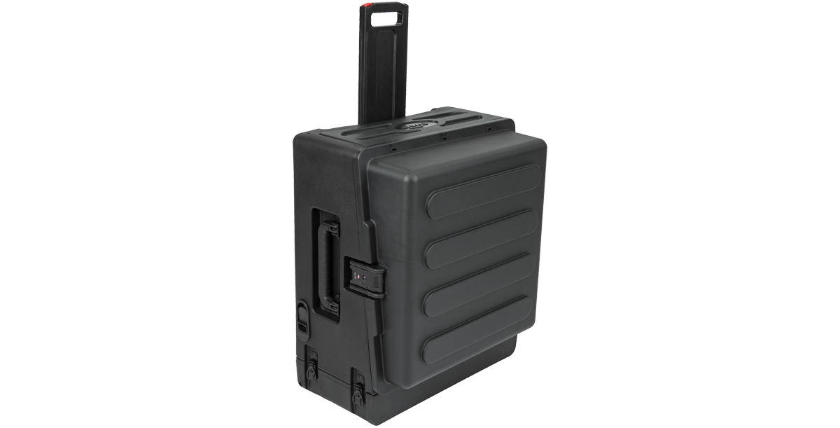 Compact Rolling Rig Case in upright position with extended handle and wheels, ideal for travel and portability.