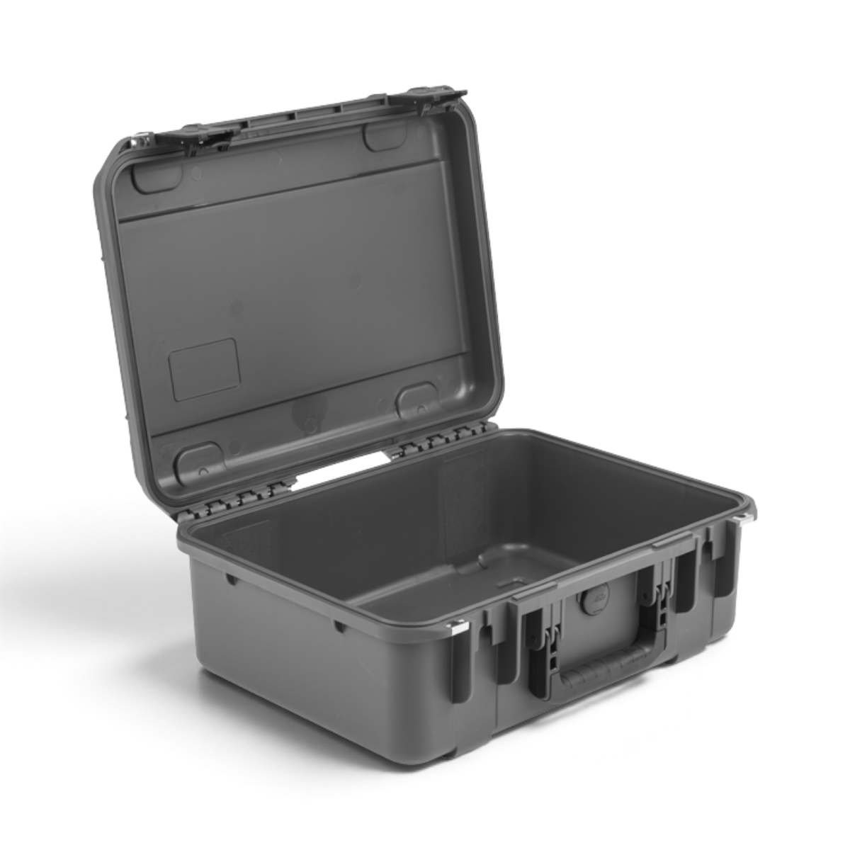 SKB Cases iSeries 1813-7 Overland waterproof storage case in charcoal grey with open lid and durable latch system.