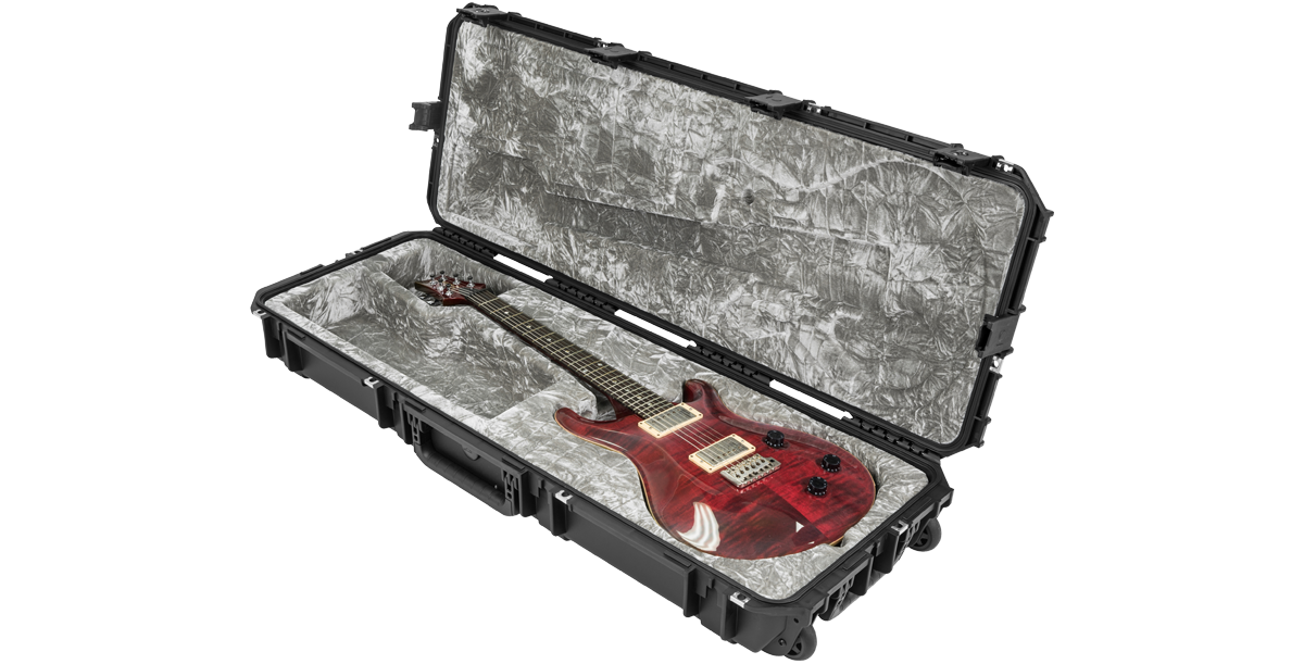 iSeries Waterproof PRS Guitar Case angled view with guitar, highlighting plush interior and molded compartments for safe travel.