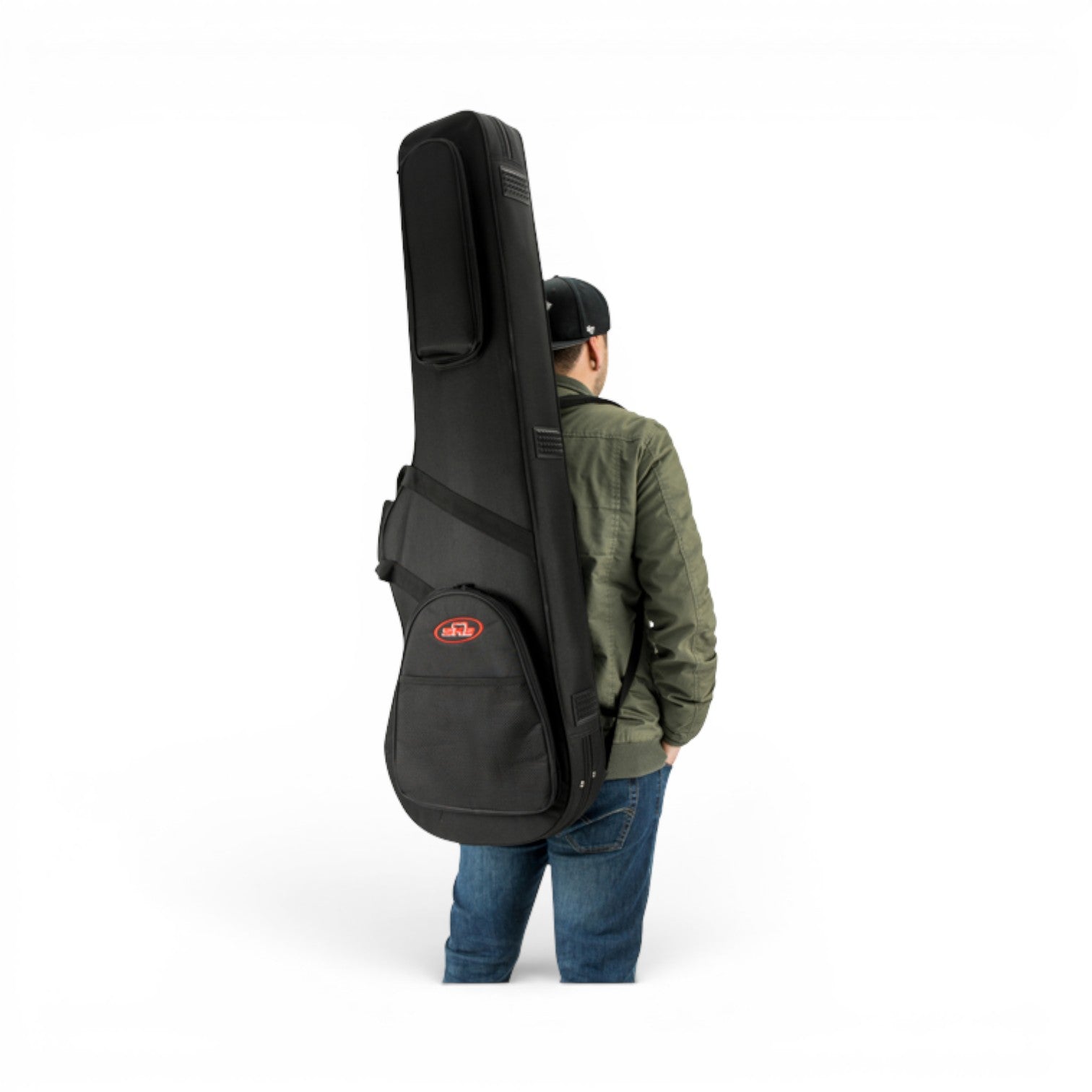 Rear view of person wearing Electric Bass Soft Case, highlighting padded shoulder straps and compact form for easy transport.