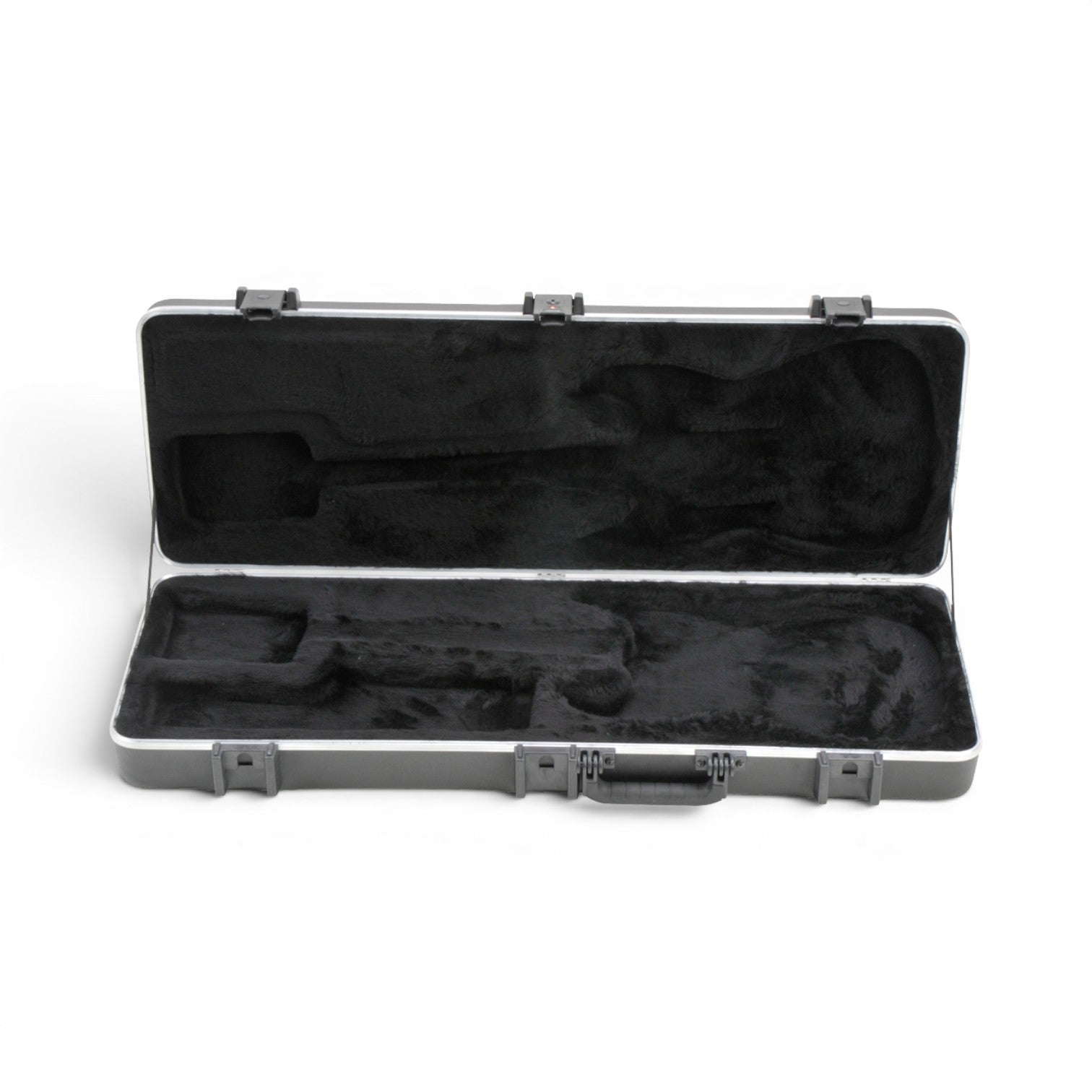 Interior of SKB Pro Guitar Case with molded EPS foam and plush lining, designed to fit Strat and Tele electric guitars securely.