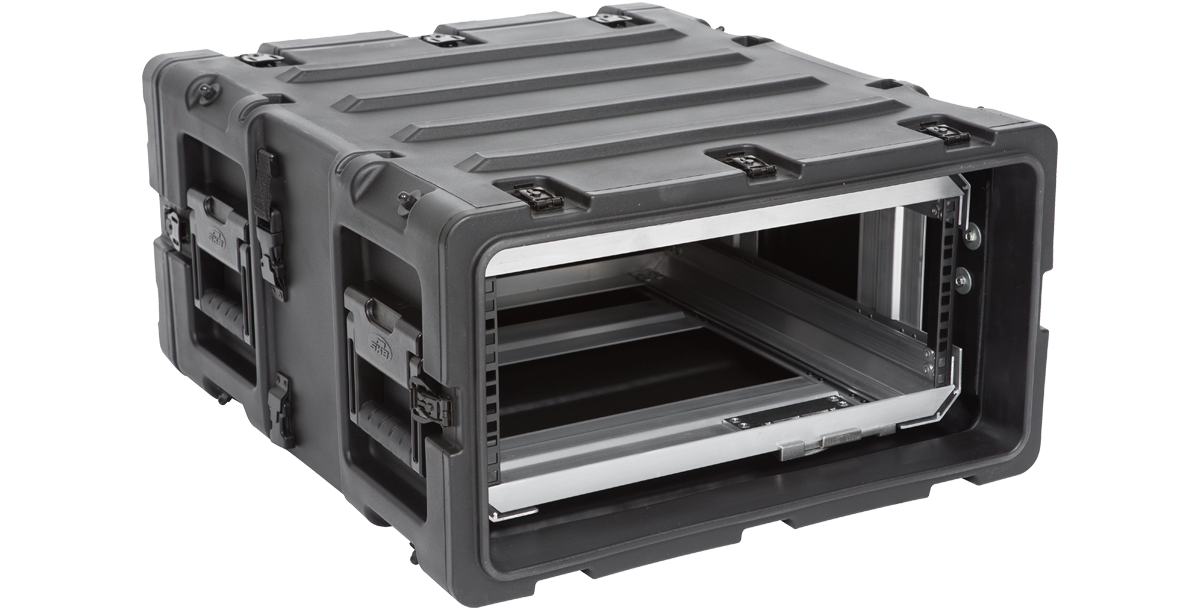 Angled front view of 4U 20-Inch Shockproof Rack Case featuring durable latches and internal aluminum rails for pro audio or electronics gear.