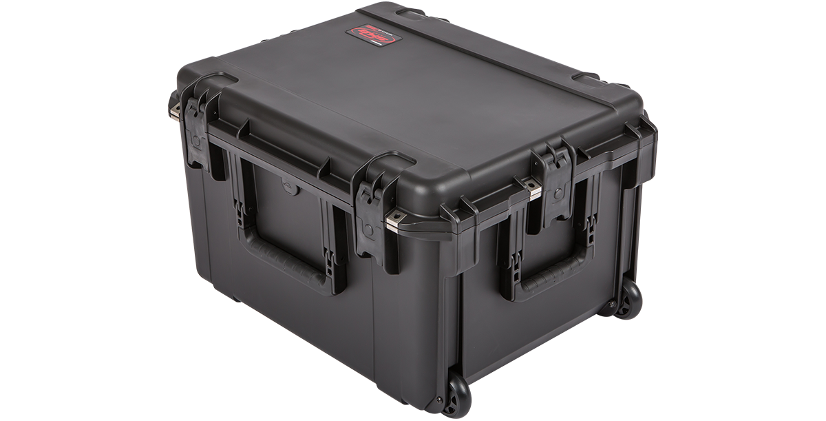 Angled rear view of iSeries 2217-12 Case - High-Strength Waterproof with reinforced corners and rolling wheels for mobility.