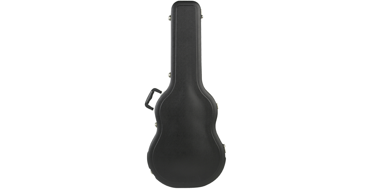 Top view of closed SKB Economy acoustic guitar case, showcasing its contoured shape and hard shell design.