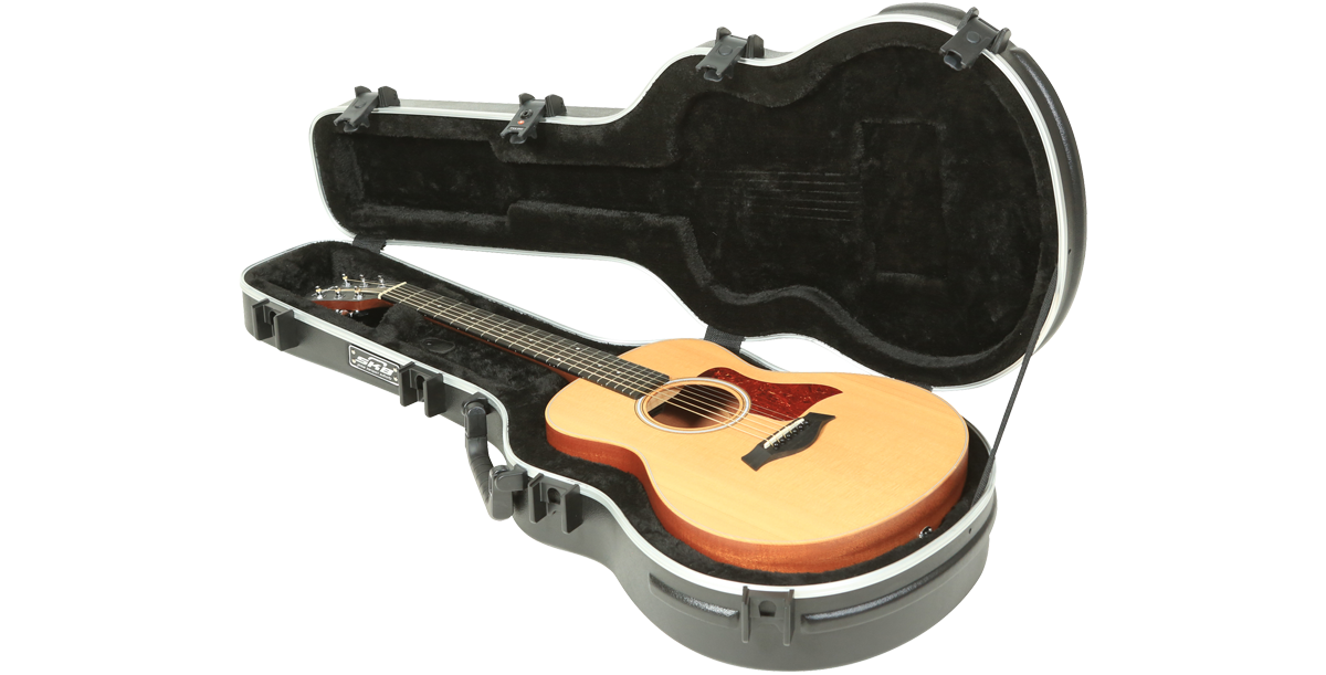 Taylor GS Mini Guitar Case shown open with guitar inside, featuring plush lining and TSA-approved locking latches for secure transport.