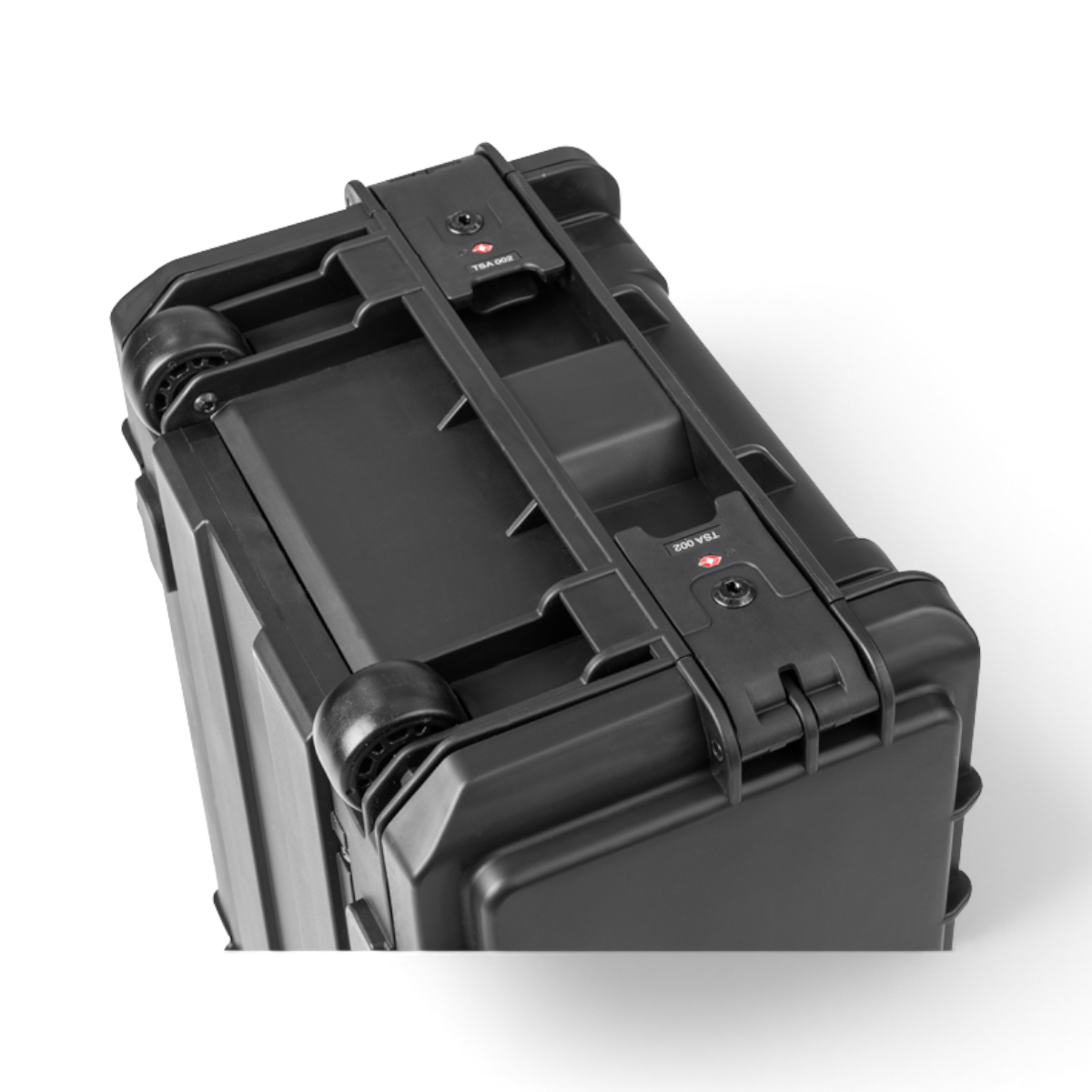 Top-down view of Compact Rack with TSA-locking latches and rugged wheels for secure and mobile equipment storage.